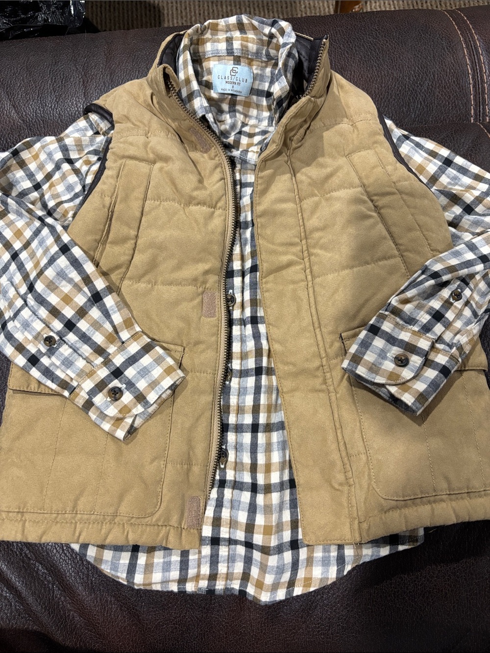Class Club Tan Quilted Vest with Plaid Shirt